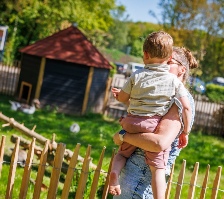 Ouder en kind kijken naar de dieren bij de ingang van het vakantiepark